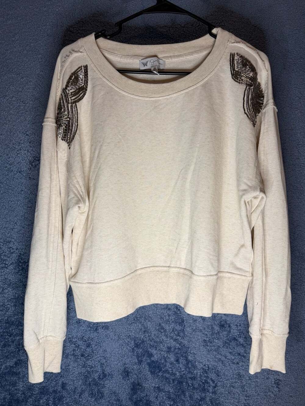 Jessica Simpson Women's Cream Beaded Embellished Pullover Sweatshirt